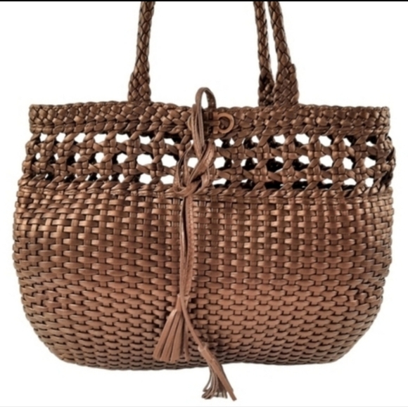 SALVATORE FERRAGAMO Gancini Bronze Woven Leather Top Handle Tote Shoulder Bag - Picture 4 of 10